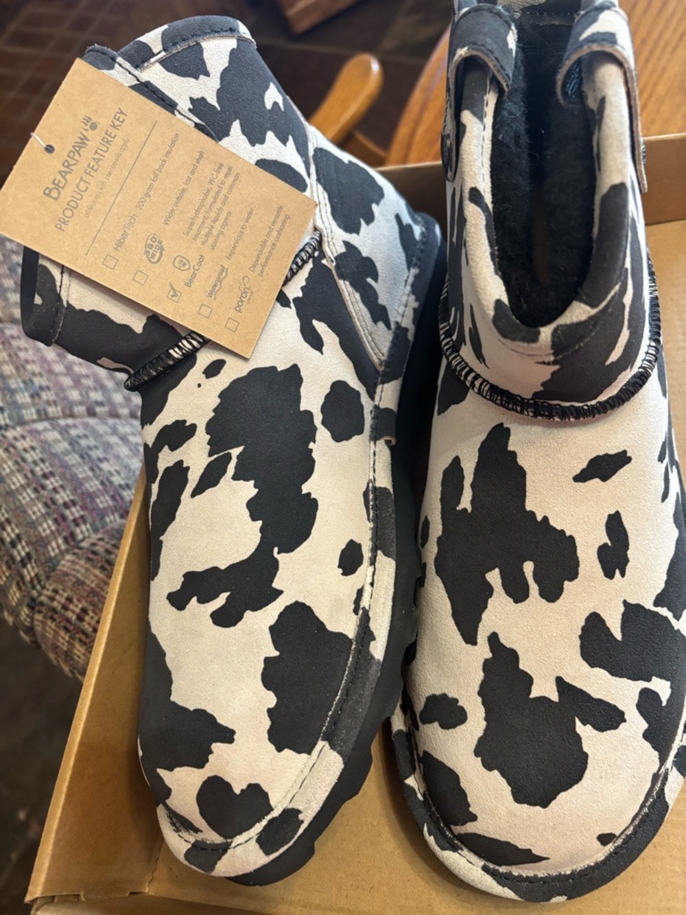 RARE BearPaw Margot Black & White Cow Print Cozy Boots - Picture 2 of 7